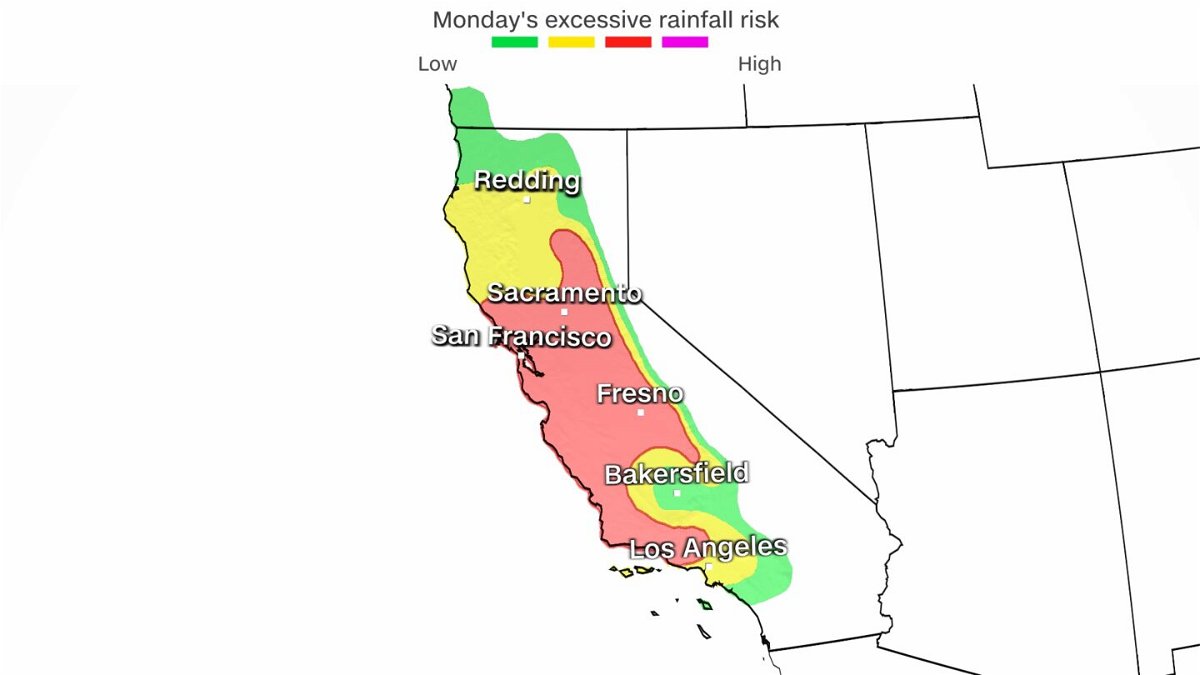 <i>CNN Weather</i><br/>A Level 3 out of 4 risk for excessive rainfall has been issued for over 15 million people across California on Monday.