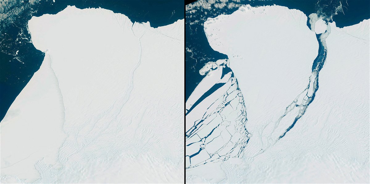 <i>European Union/Copernicus Sentinel-2 Imagery/Reuters</i><br/>An aerial view of the iceberg that broke off the Brunt Ice Shelf in Antarctica on Sunday.