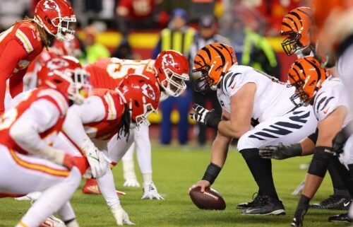 A general view at the line of scrimmage is pictured here between the Kansas City Chiefs and Cincinnati Bengals in the AFC Championship Game at GEHA Field at Arrowhead Stadium on January 29 in Kansas City