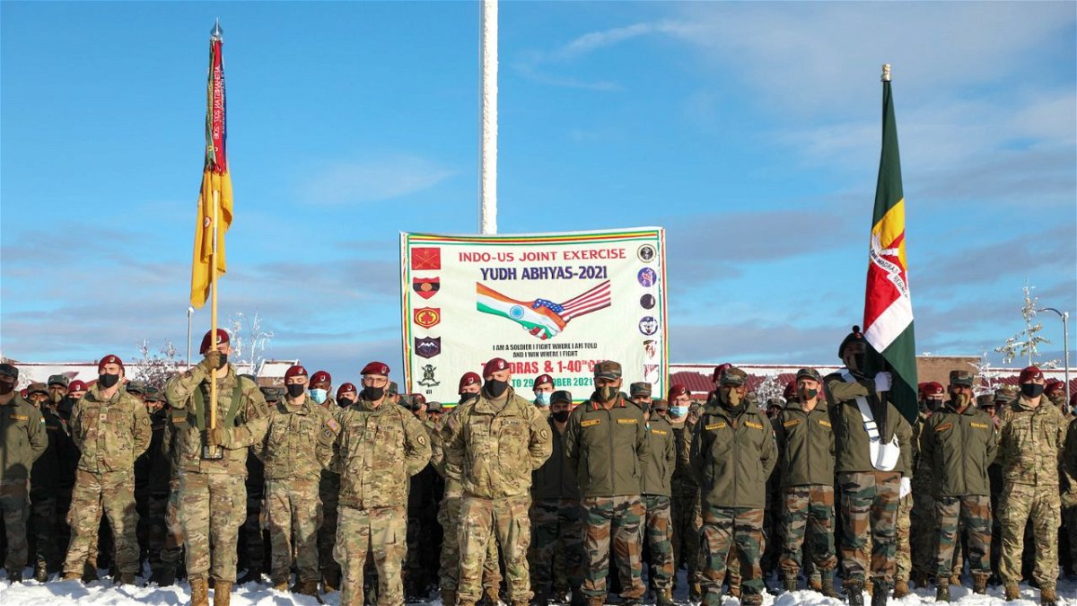 The US and India are taking steps to strengthen their defense partnership, the latest sign of cooperation between the two countries in the face of an increasingly assertive China, and pictured, US and Indian army paratroopers attend an opening ceremony for on Oct., 15, 2021, at Joint Base Elmendorf-Richardson, Alaska.
