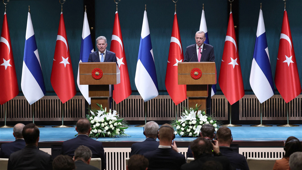 Turkish President Recep Tayyip Erdogan (right) and Finnish President Sauli Niinisto deliver a joint press conference held after their meeting at the Presidential Complex in Ankara, on March 17.
