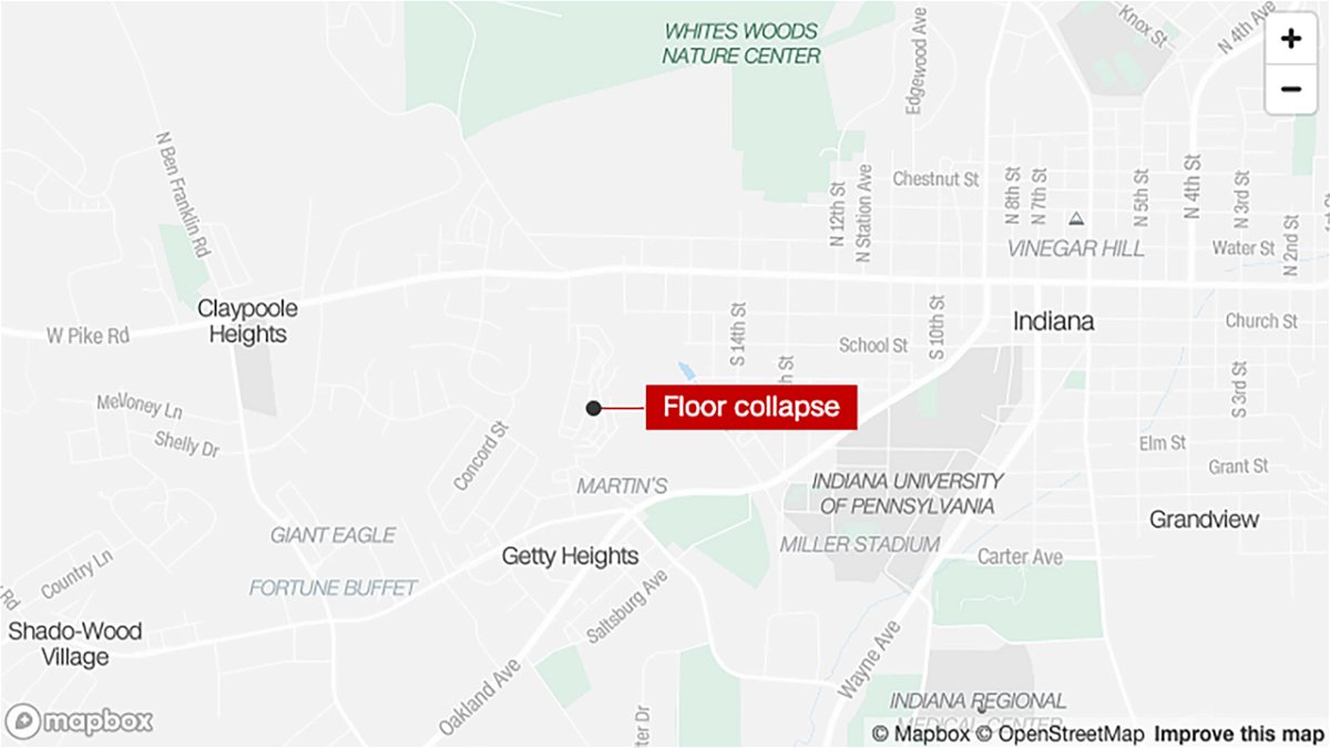 <i>Mapbox</i><br/>Twelve people were injured Saturday night when a floor collapsed at an off-campus apartment party near Indiana University of Pennsylvania