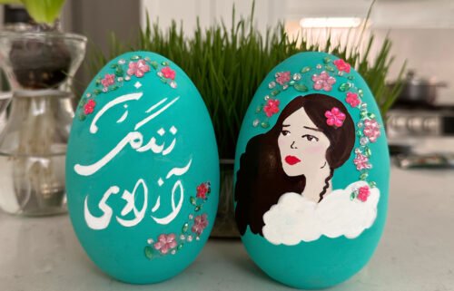 Decorative Nowruz eggs with "Zan Zendegi Azadi
