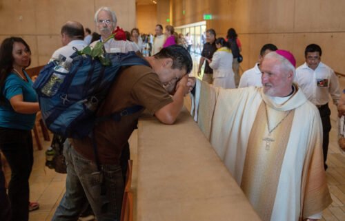 Auxiliary Bishop David O'Connell (right) is seen here at a Mass in the Los Angeles Cathedral of Our Lady of Angels in June 2018.