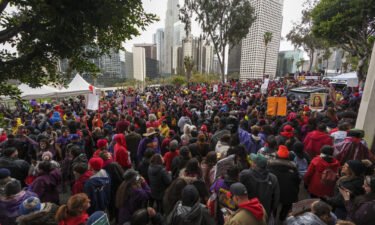 Thousands of school workers and their supporters rally outside the LAUSD headquarters in Los Angeles on Tuesday.