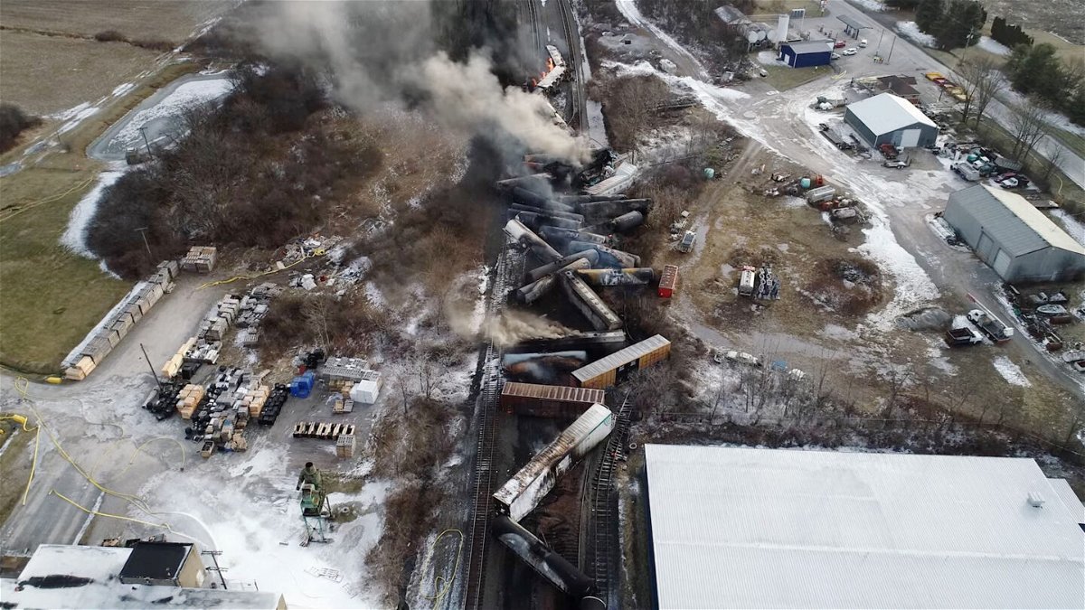 <i>NTSBGov/Reuters</i><br/>Drone footage from the National Transportation Safety Board shows the freight train derailment in East Palestine