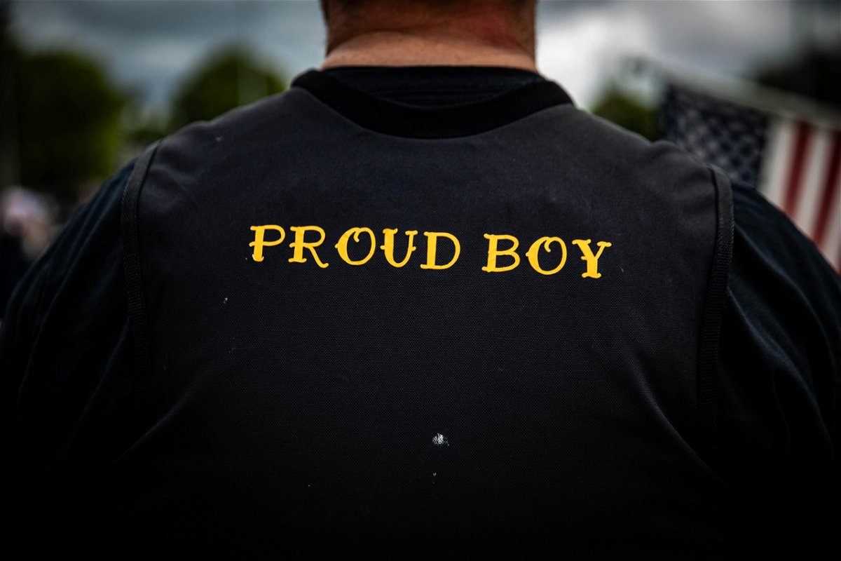 <i>MARANIE R. STAAB/AFP/Getty Images</i><br/>A man wears a Proud Boy vest as several hundred members of the Proud Boys and other similar groups gathered at Delta Park in Portland