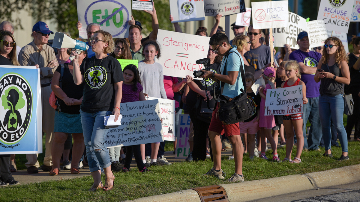 In this September 2018 photo, protesters chant in front of the Illinois headquarters of Sterigenics, a facility that sterilized medical equipment using the chemical ethylene oxide. EPA is proposing new regulations on this toxic gas.