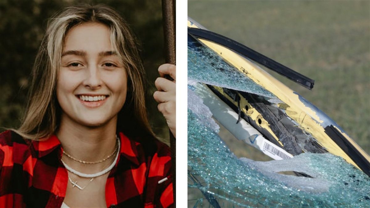 Left - Alexa Bartel, 
Right - An image of where the rock smashed through her windshield