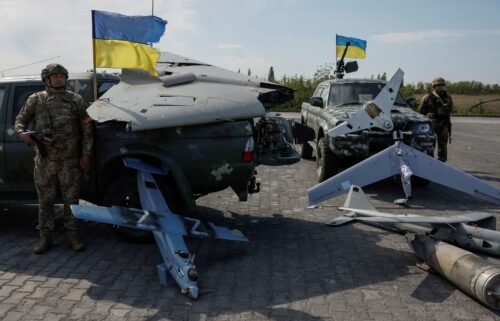 Destroyed Russian drones are pictured here near the town of Borispil
