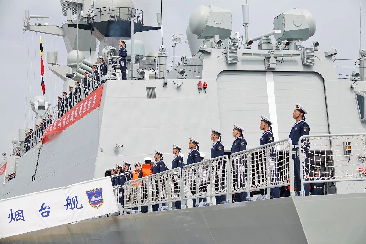 <i>Costfoto/NurPhoto/AP</i><br/>Officers and sailors are pictured here on board Chinese naval vessel Yantai in east China's Shandong province on April 25.