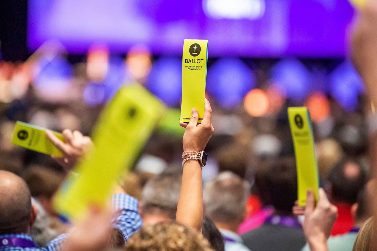 <i>Scott Clause/The Daily Advertiser/AP</i><br/>Delegates hold up their ballots at the Southern Baptist Convention at the New Orleans Ernest N. Morial Convention Center in New Orleans