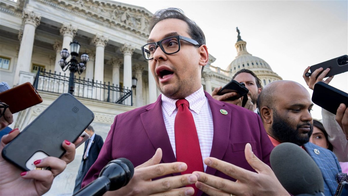 <i>J. Scott Applewhite/AP</i><br/>Rep. George Santos speaks to reporters outside the Capitol in Washington on May 17.