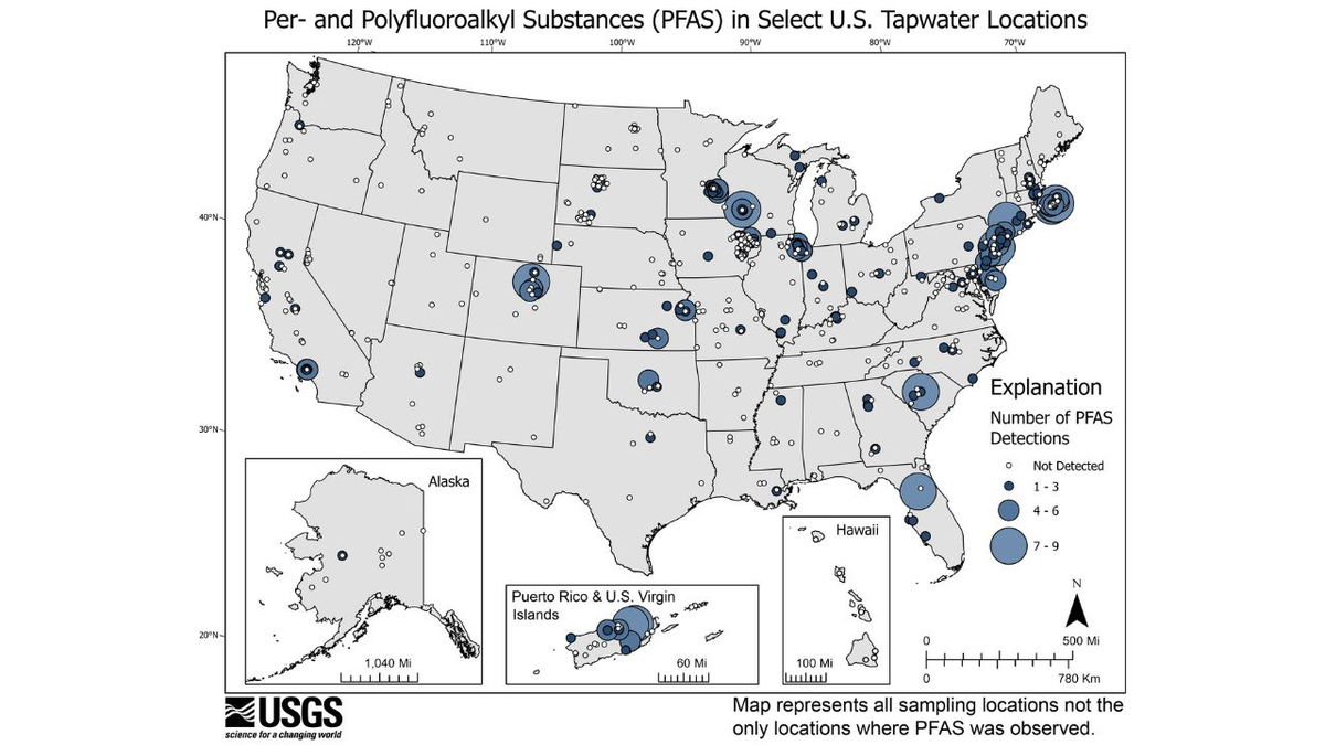 This USGS map shows the number of PFAS detected in tap water samples from select sites across the nation. The findings are based on a USGS study of samples taken between 2016 and 2021 from private and public supplies at 716 locations. The map does not represent the only locations in the US with PFAS.
