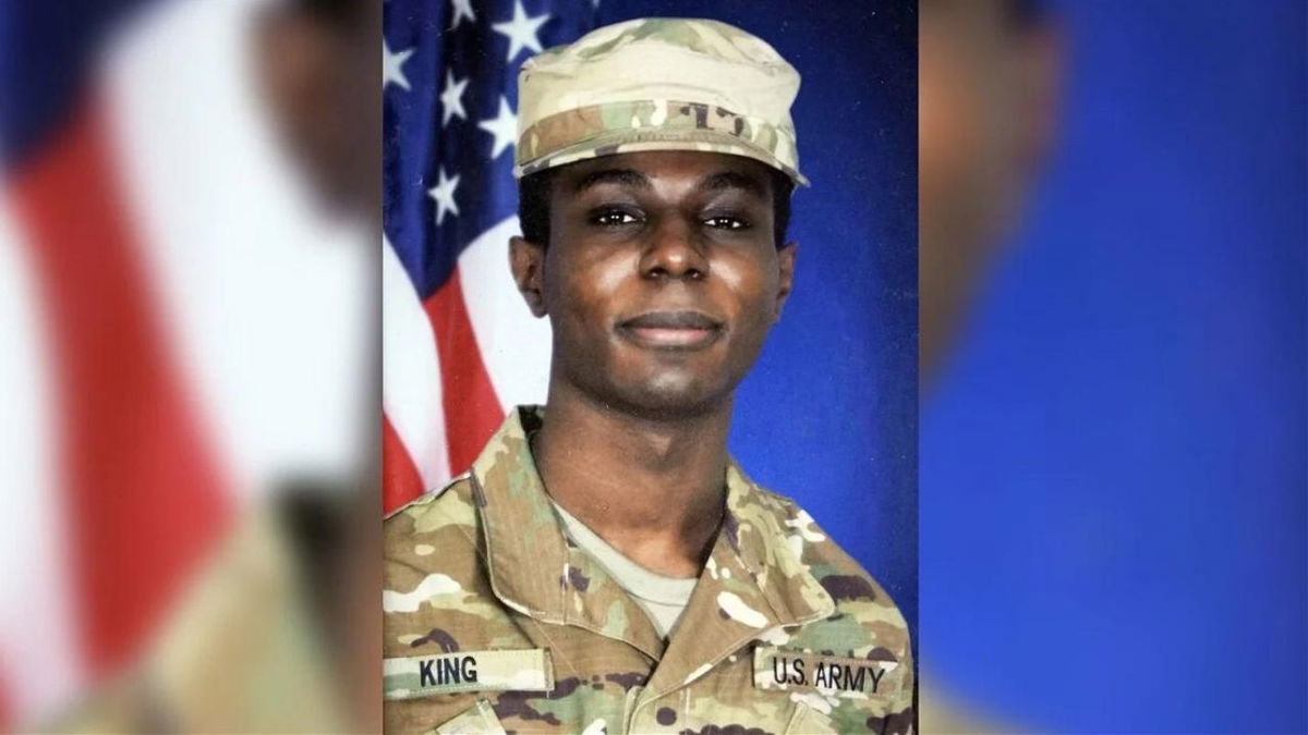 This family photo shows a portrait of American soldier Travis King displayed at the home of his grandfather Carl Gates
