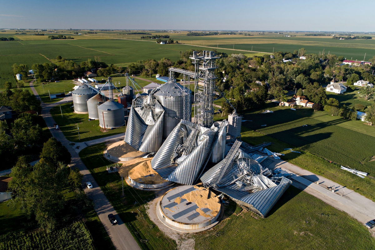 <i>Daniel Acker/Getty Images/File</i><br/>Damaged grain bins are seen here in August 2020 in Luther