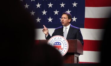 Republican presidential candidate Florida Gov. Ron DeSantis speaks to guests at the Republican Party of Iowa 2023 Lincoln Dinner on July 28