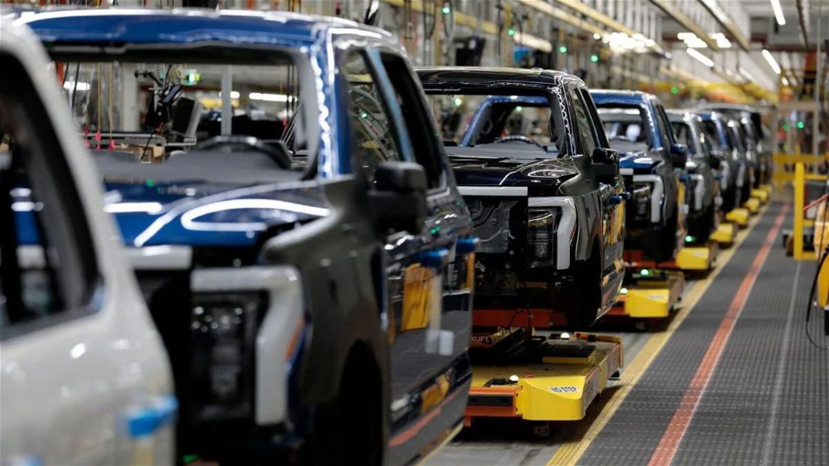 Ford Motor Company's electric F-150 Lightning is seen here on the production line at Ford's Rouge Electric Vehicle Center in Dearborn
