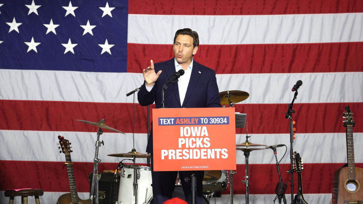 <i>Scott Olson/Getty Images</i><br/>Republican presidential candidate Florida Governor Ron DeSantis Speaks to guests at Ashley's BBQ Bash hosted by Congresswoman Ashley Hinson on August 6