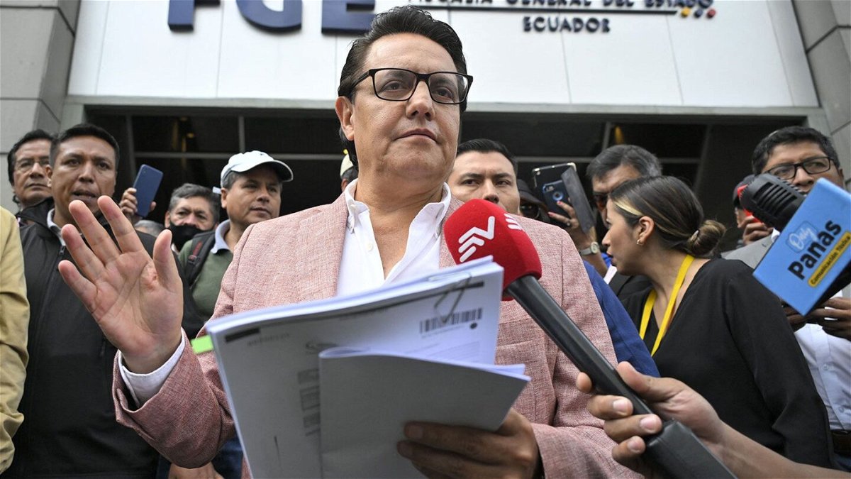 Former Assembly member and Ecuador presidential candidate, Fernando Villavicencio, speaks to journalists at the Attorney General's Office in Quito on August 8.
