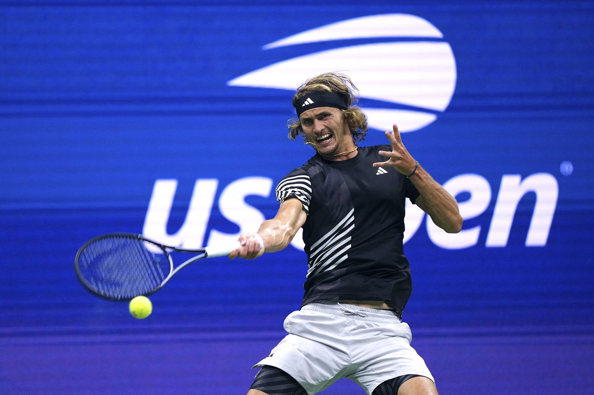 <i>Darren Carroll/AP</i><br/>A fan was removed from the stadium during Alexander Zverev's fourth-round US Open match against Jannik Sinner.