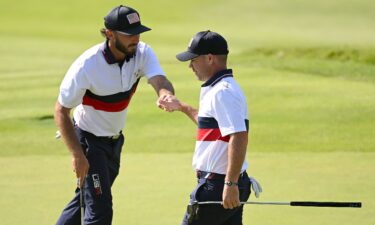 Team USA's Patrick Cantlay celebrates winning his Saturday afternoon fourball match during the 2023 Ryder Cup at Marco Simone Golf Club in Rome