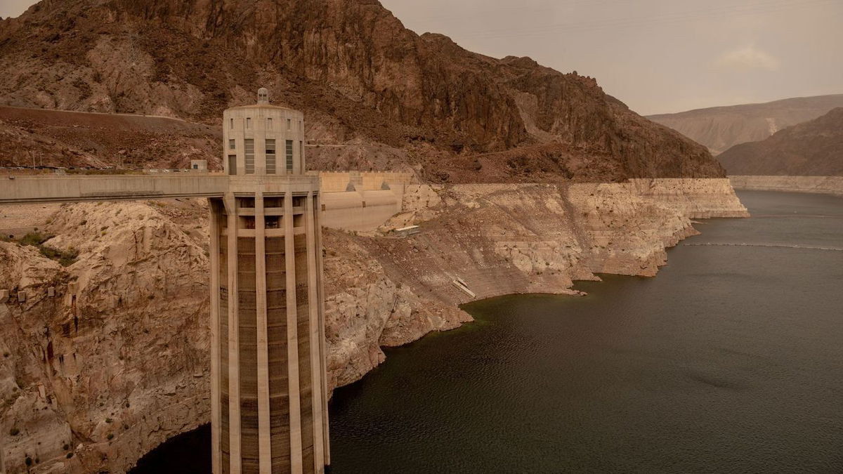 Lake Mead upstream from the Hoover Dam in April 2023.
