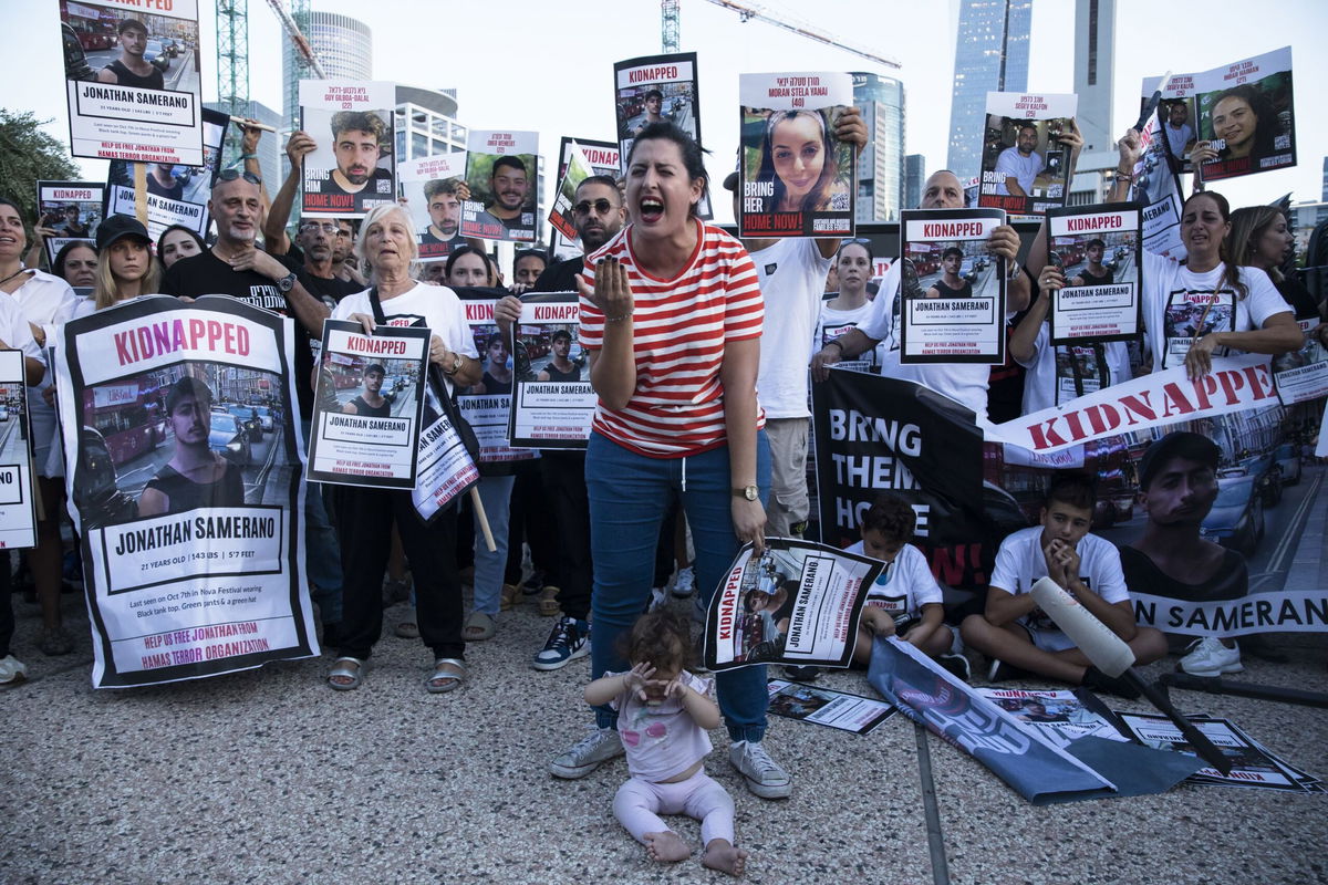 <i>Amir Levy/Getty Images</i><br/>Relatives of hostages held in Gaza demonstrate in Tel Aviv