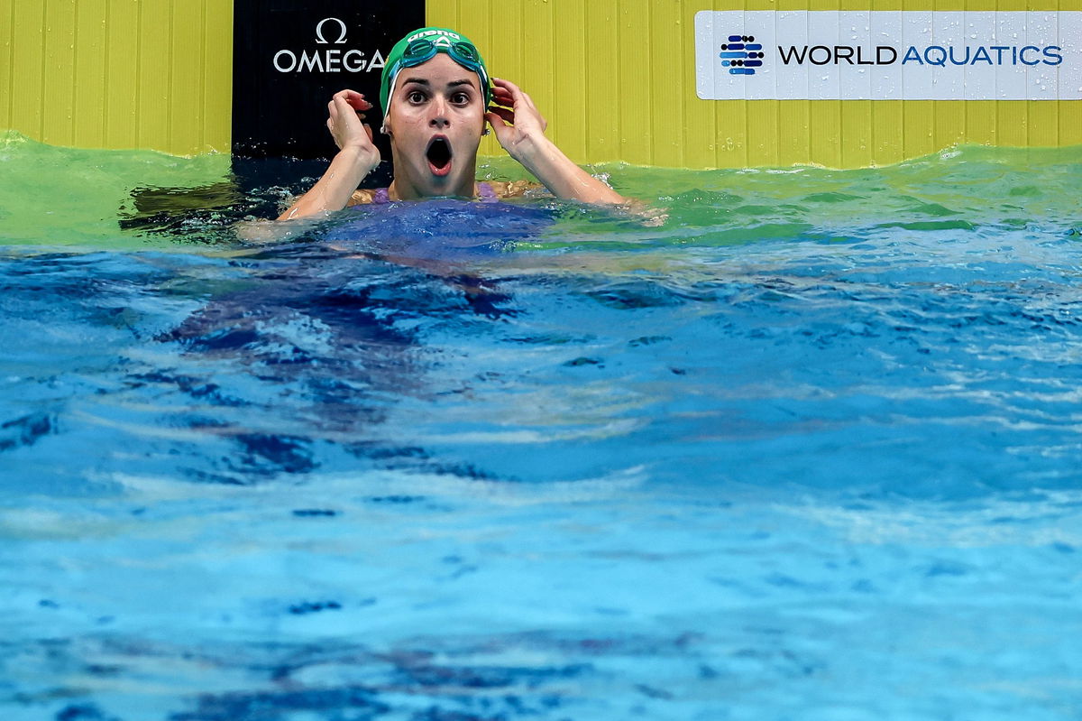 <i>David Balogh/Getty Images</i><br/>Kaylee McKeown reacts after breaking the women's 50m backstroke world record in Budapest