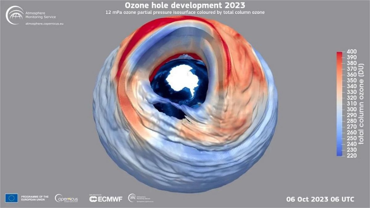A simulated image of the ozone hole in October over Antarctica.
