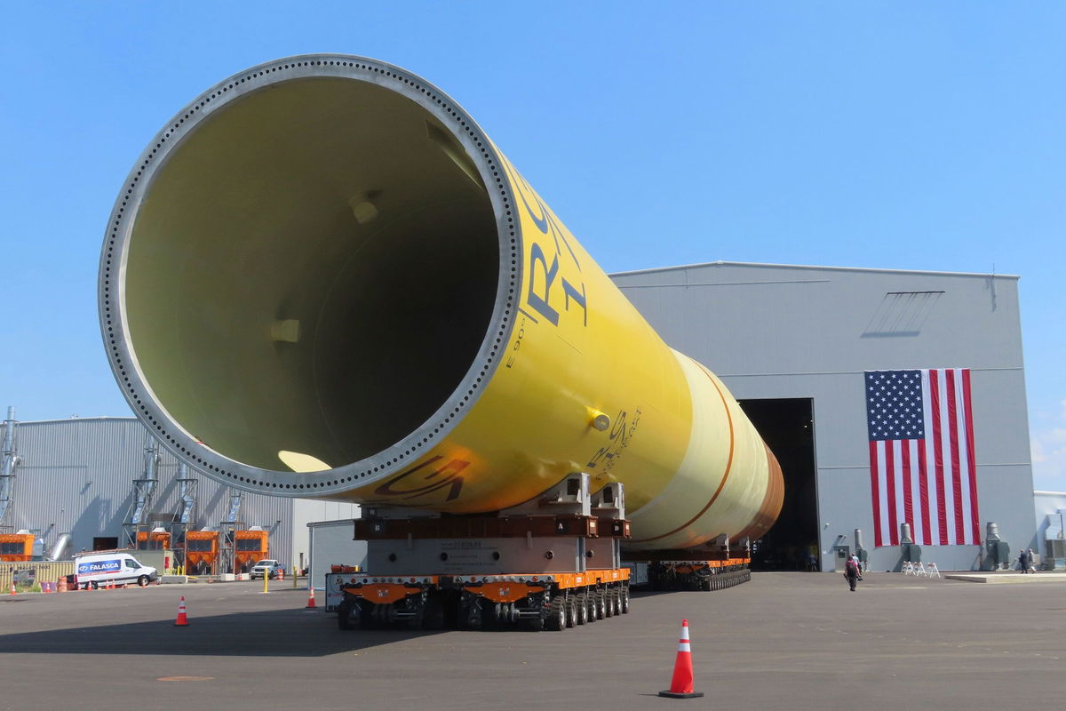 <i>Wayne Parry/AP</i><br/>Part of a foundation for an offshore wind turbine rests on rollers outside a manufacturing facility in Paulsboro