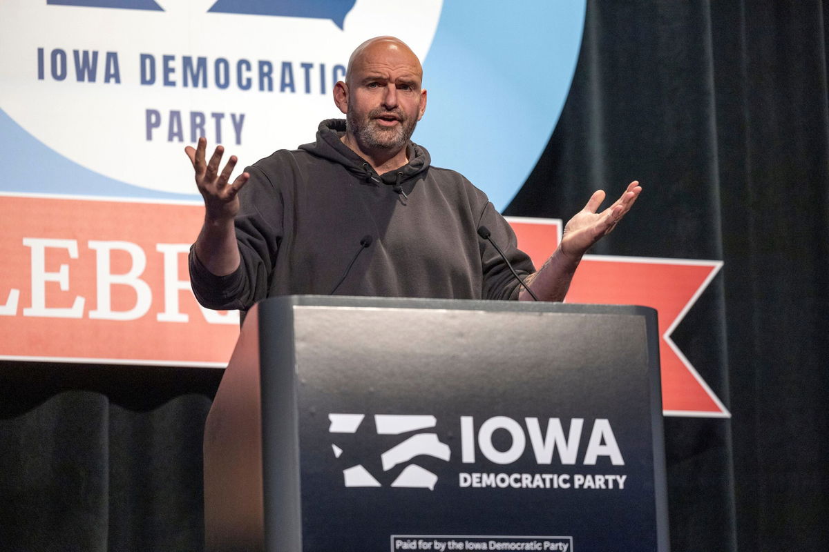 <i>Rachel Mummey/The Des Moines Register/USA Today Network</i><br />Pennsylvania Sen. John Fetterman speaks at the Iowa Democrats Liberty and Justice Celebration on November 4.