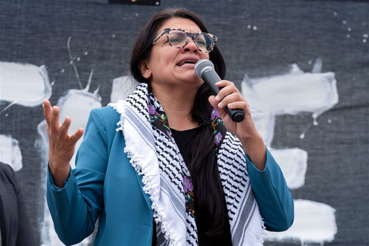 Rep. Rashida Tlaib, a Michigan Democrat, speaks during a pro-Palestinian rally in Washington, October 20.