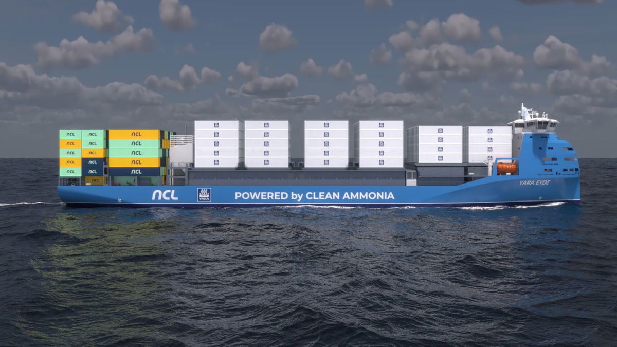 A rendering image of Yara Eyde, a cargo ship that will use only clean sources of ammonia from 2026.
