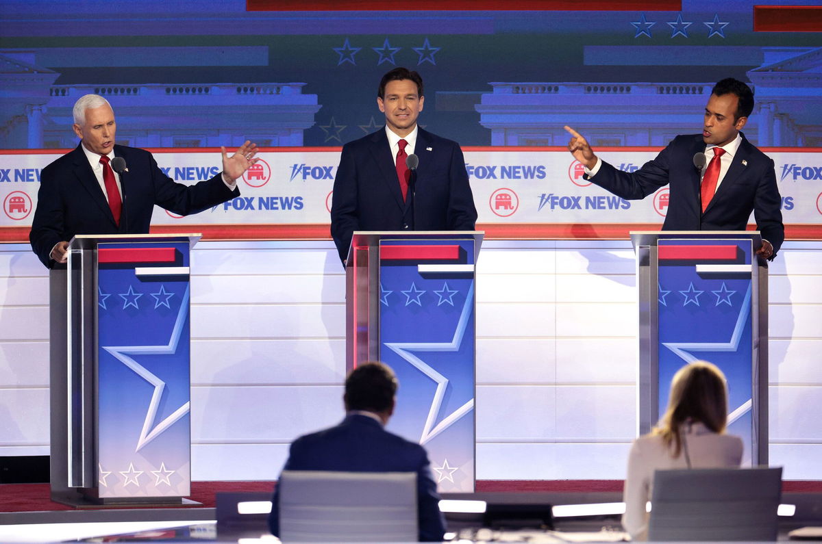 <i>Win McNamee/Getty Images</i><br/>Republican presidential candidates participate in the first debate of the GOP primary season hosted by FOX News at the Fiserv Forum on August 23.