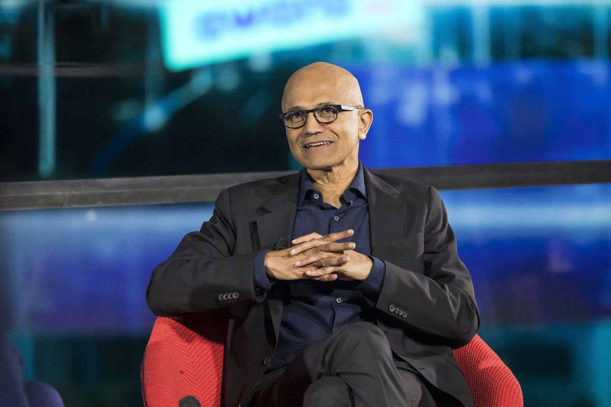 <i>Justin Sullivan/Getty Images</i><br/>Microsoft CEO Satya Nadella (R) speaks as OpenAI CEO Sam Altman (L) looks on during the OpenAI DevDay event on November 06