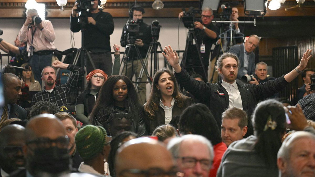 Protestors call for a ceasefire in the Gaza Strip as US President Joe Biden speaks at Mother Emanuel AME church at a campaign event in Charleston, South Carolina, on January 8.
