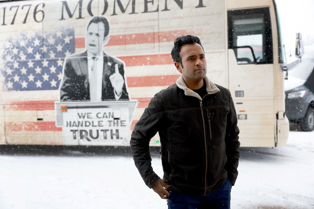 <i>Joe Raedle/Getty Images</i><br/>Republican presidential candidate businessman Vivek Ramaswamy during a campaign stop at the Hampton Inn & Suites Sioux City South on January 8 in Sioux City