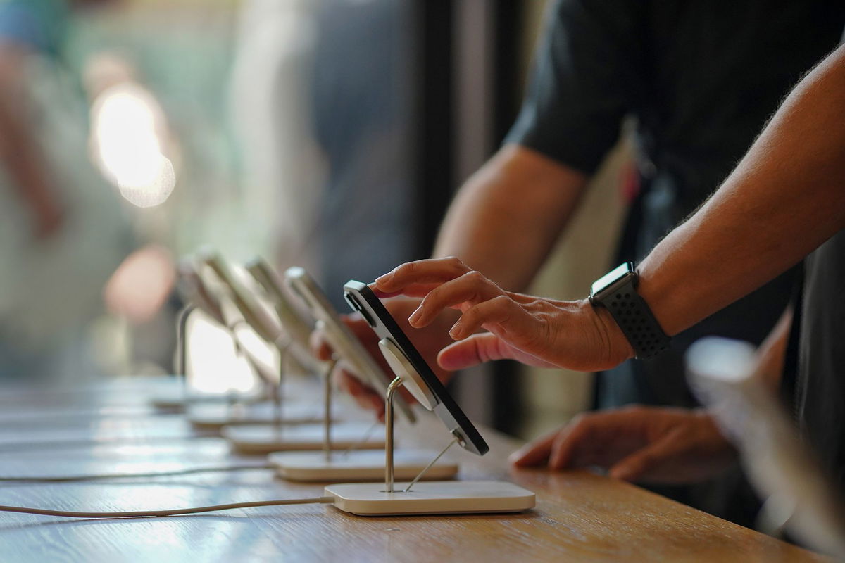 <i>Manaure Quintero/Bloomberg/Getty Images</i><br/>A display of the new range of iPhone 15 smartphones inside the Apple Inc. Puerta del Sol store on the first day of sale of the iPhone 15 smartphone in Madrid