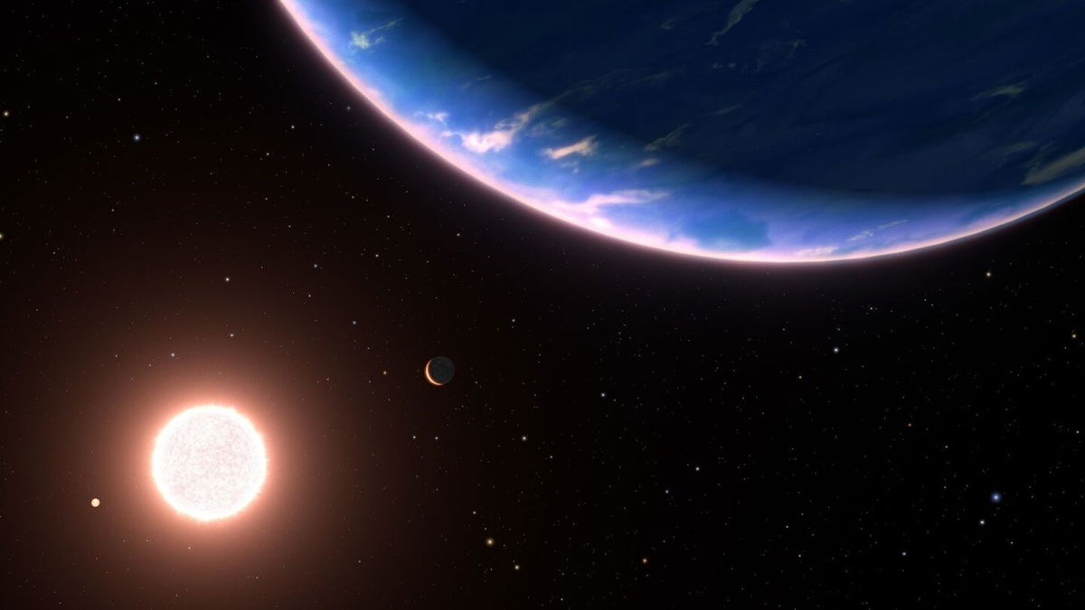 <i>NASA/ESA/Leah Hustak (STScI)/Ralf Crawford (STScI)</i><br />An artist's illustration depicts exoplanet GJ 9827d (foreground