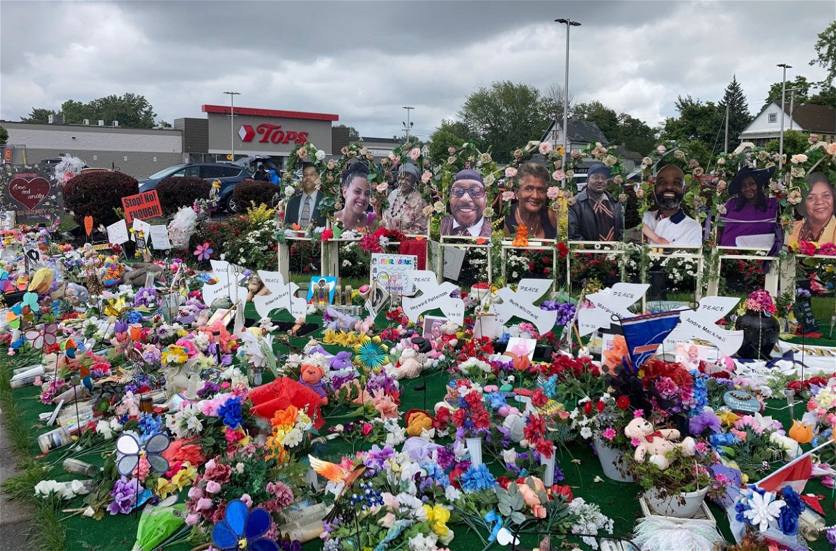 <i>Katie Lobosco/CNN</i><br />A memorial outside the Tops supermarket in Buffalo