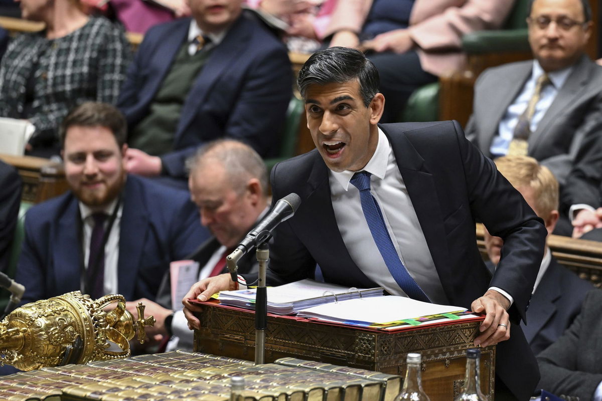 <i>Jessica Taylor/UK Parliament/AP</i><br/>British Prime Minister Rishi Sunak speaks during Prime Minister's Questions in the House of Commons on January 17.