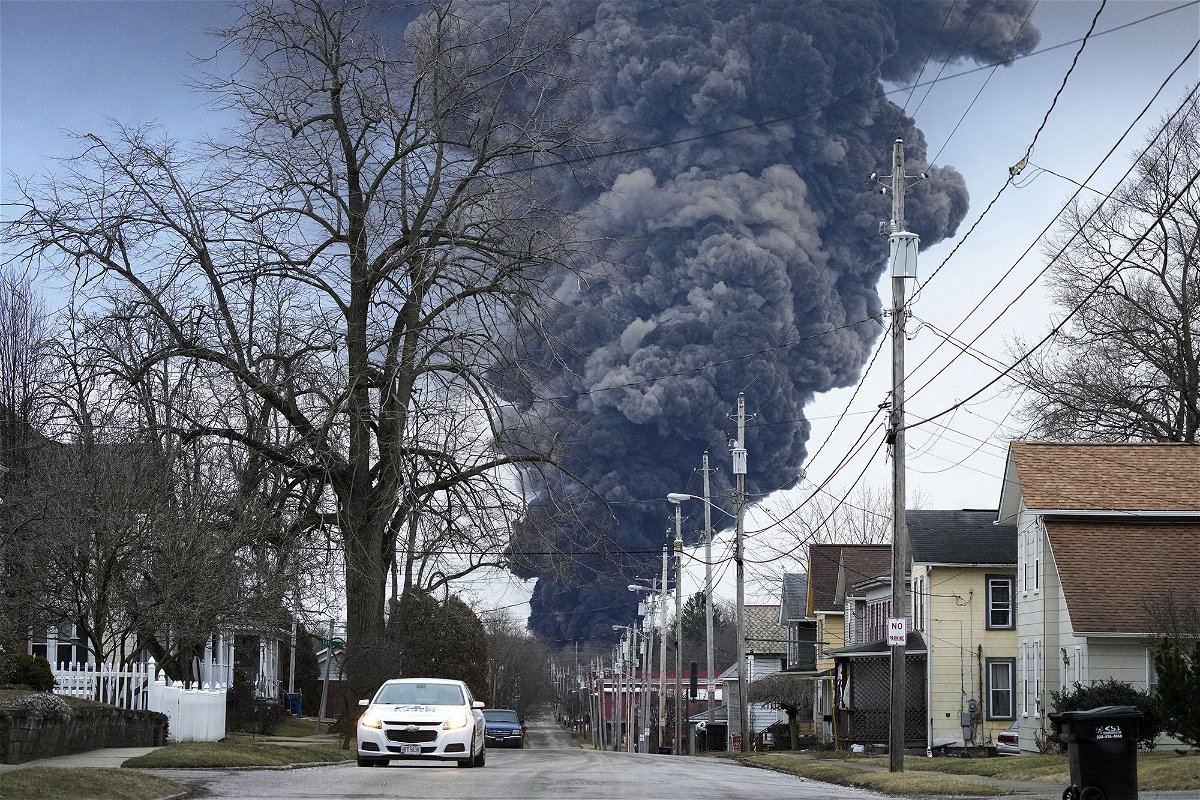 A black plume rises over East Palestine, Ohio, on Monday, February 6, 2023.