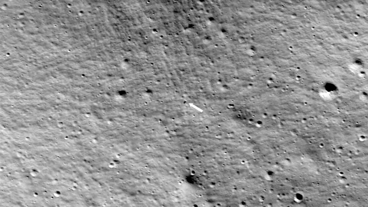 NASA's Lunar Reconnaissance Orbiter captured this image of the Intuitive Machines Nova-C lander, also called Odysseus, Odie or IM-1, on the moon's surface on February 24.
