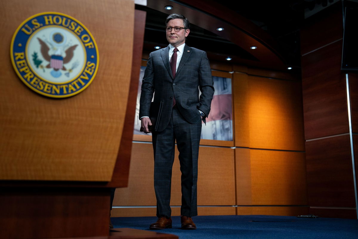 <i>Kent Nishimura/Getty Images</i><br />Speaker of the House Mike Johnson (R-LA) listens during a news conference following the Republican conference meeting at the U.S. Capitol on January 17