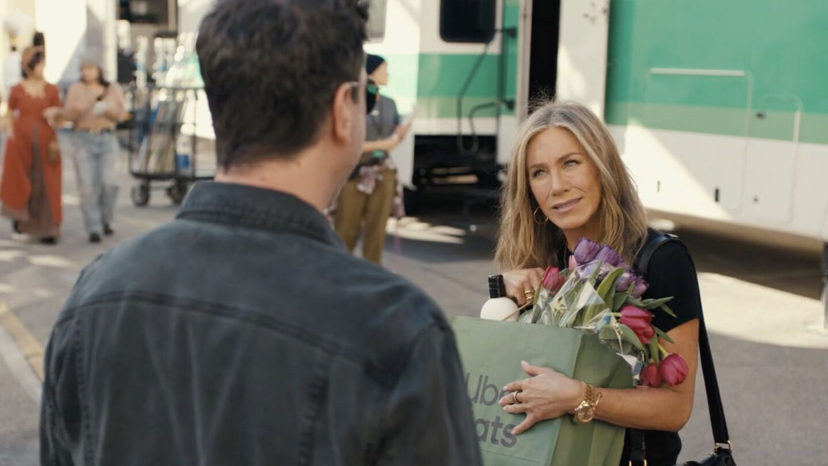 <i>Courtesy Uber Eats</i><br/>David Schwimmer and Jennifer Aniston in an Uber Eats Super Bowl LVIII ad.