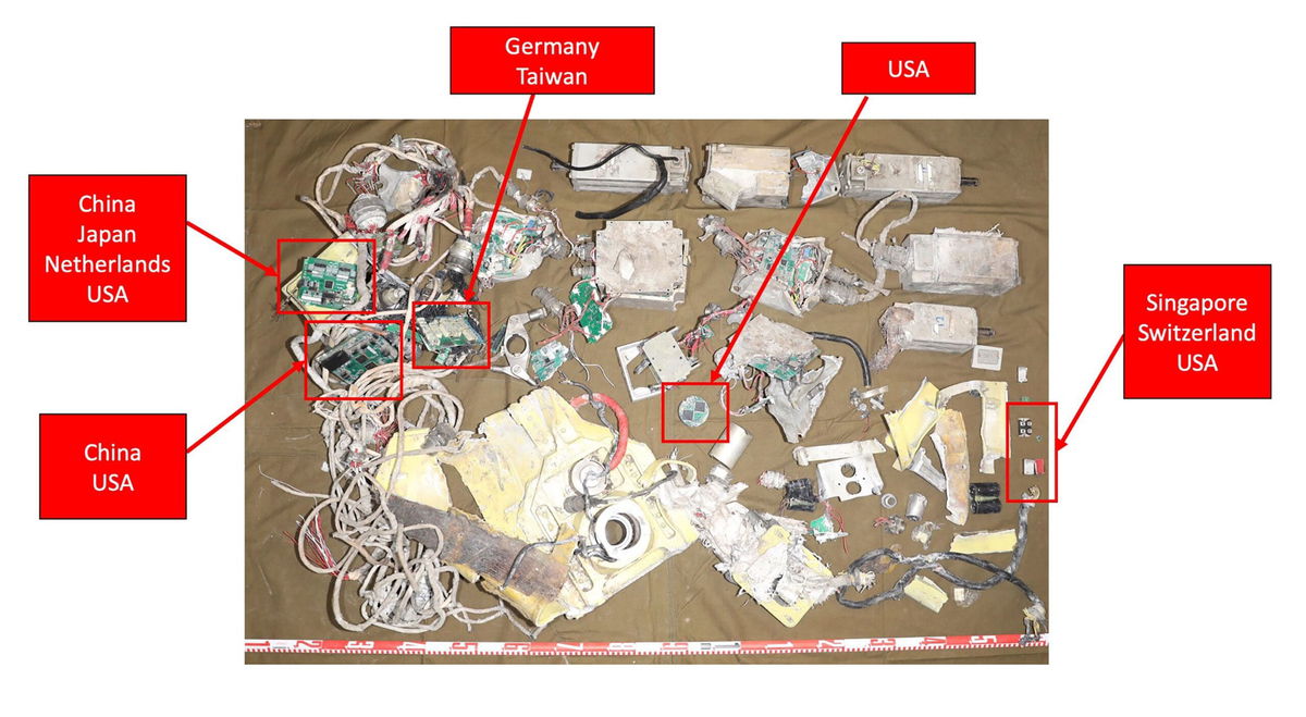 The tail section of the ballistic missile examined by the group Conflict Armament Research, which includes the missile's navigation system, and the countries where the components originated.