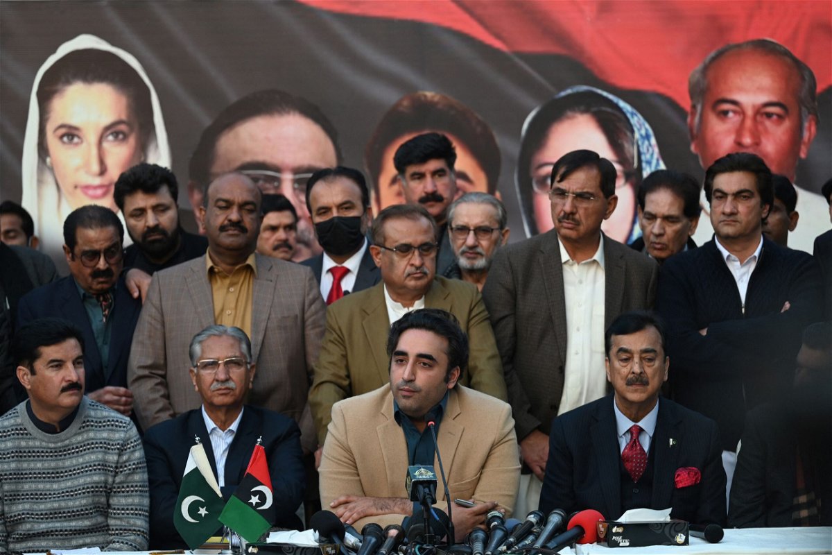 <i>Aamir Qureshi/AFP/Getty Images</i><br/>Pakistan Peoples Party chairman Bilawal Bhutto Zardari (C) speaks at a press conference in Islamabad on February 13.