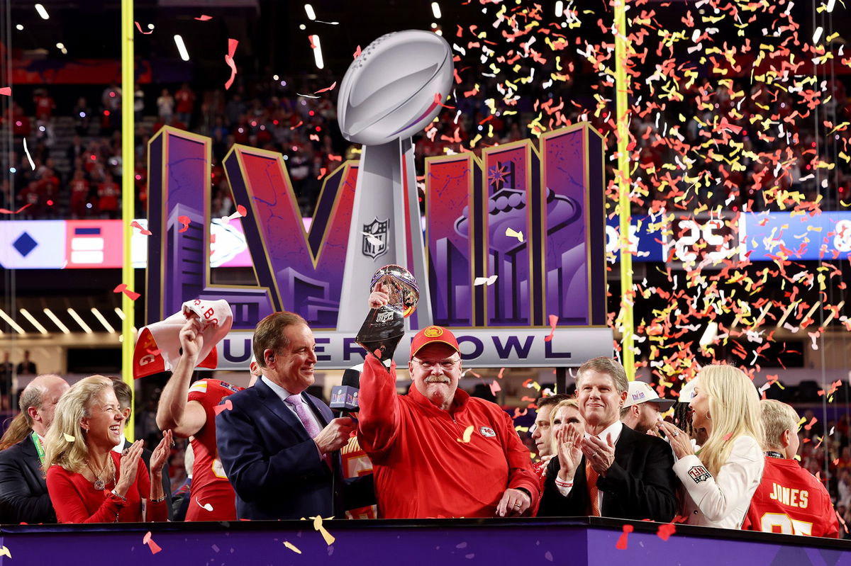 <i>Jamie Squire/Getty Images via CNN Newsource</i><br/>Chiefs head coach Andy Reid (center) celebrates winning this year's Super Bowl.