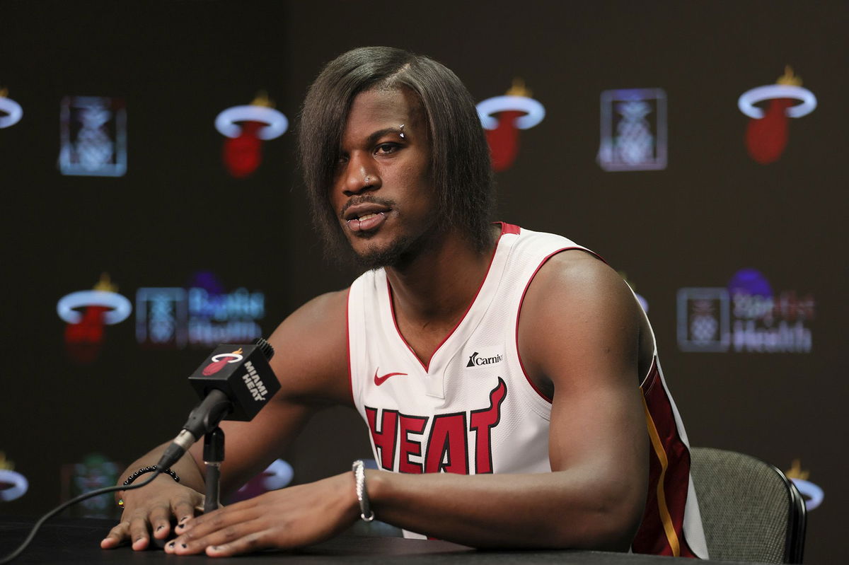 <i>Sam Navarro/Getty Images via CNN Newsource</i><br/>Jimmy Butler brings back ‘emo’ look as star of Fall Out Boy’s new music video.